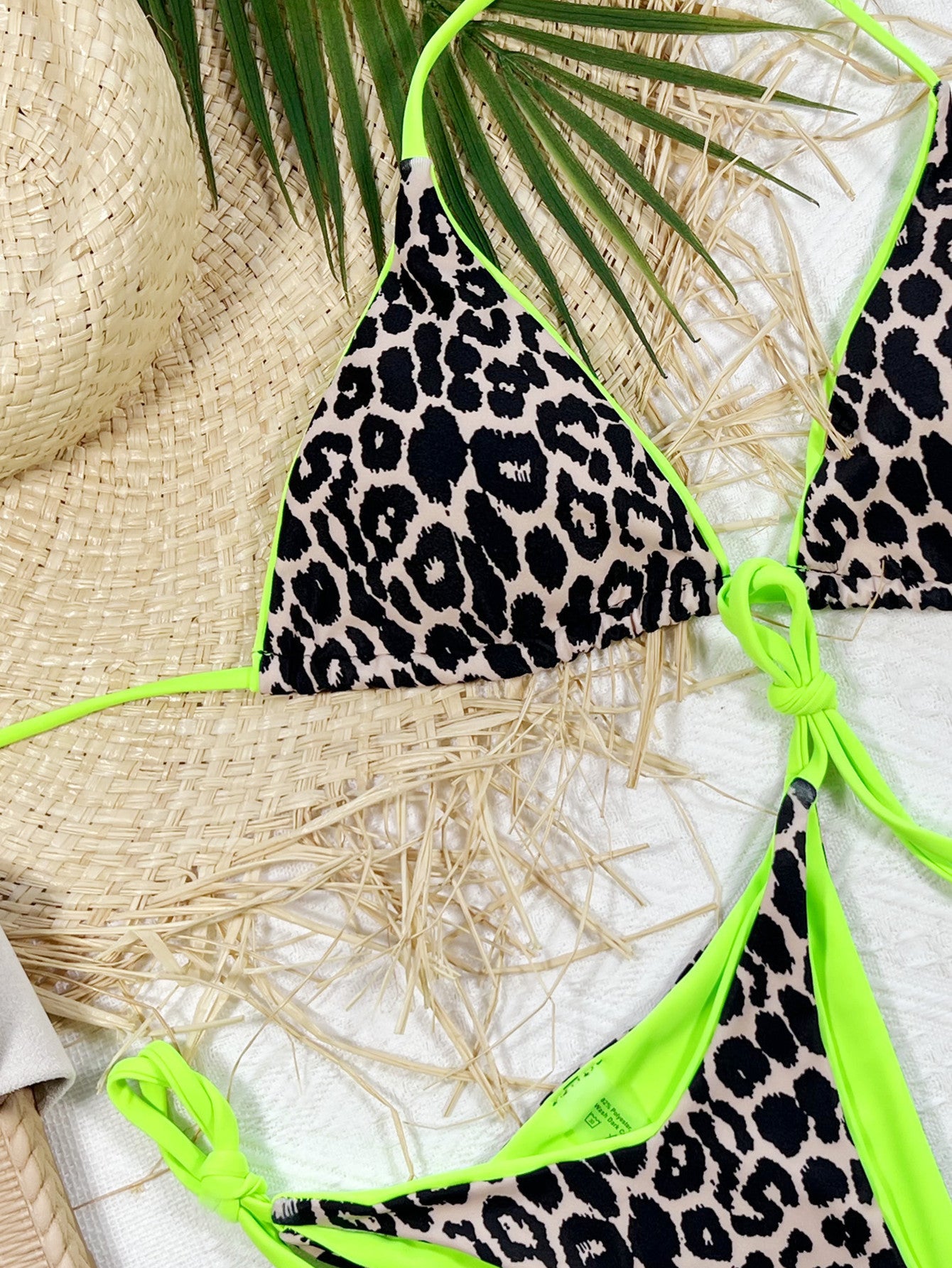 Leopard Print Neon Black Triangle Bikini Swimsuit for Women - Sexy Tie-Side Design, Perfect for Beach and Poo - Miscellaneous Accessories