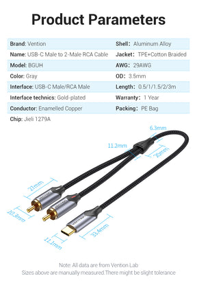 USB C to 2 RCA Audio Cable - Type C to RCA Cable for Speaker, Amplifier, Huawei, Xiaomi, Laptop, and More - USB C Splitter RCA Y Cable Available in 1m, 2m, and 3m Lengths - Miscellaneous Accessories