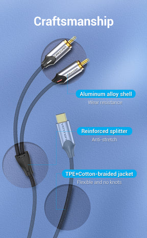 USB C to 2 RCA Audio Cable - Type C to RCA Cable for Speaker, Amplifier, Huawei, Xiaomi, Laptop, and More - USB C Splitter RCA Y Cable Available in 1m, 2m, and 3m Lengths - Miscellaneous Accessories