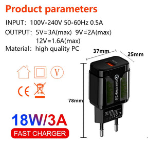 Charging Mobile Device Adapter - 5V 2A EU Plug with LED Light, 2 USB Ports, Quick Charge QC 3.0, Fast - Miscellaneous Accessories