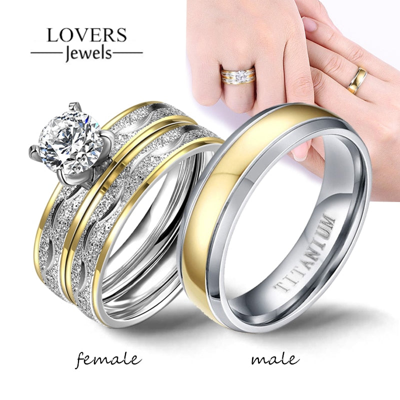 Couple Rings Exquisite Women Rhinestones Zirconia Rings Set Simple Men Stainless Steel Ring Wedding Jewelry Gifts - Miscellaneous Accessories