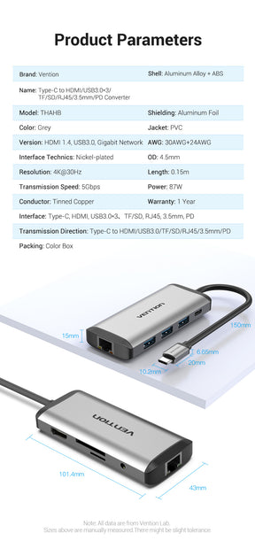 Vention USB C HUB - Type C to USB 3.0 Docking Station with USB C, HDMI, and RJ45 4K for MacBook Pro, MacBook Air, and Other Type C Devices - USB 3.1 Splitter and USB HUB Accessories - Miscellaneous Accessories