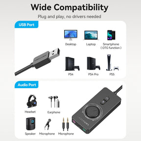 USB External Sound Card - USB to 3.5mm Audio Adapter for Earphones and Microphones, Compatible with MacBook, Computer, Laptop, PS4, and More - Miscellaneous Accessories