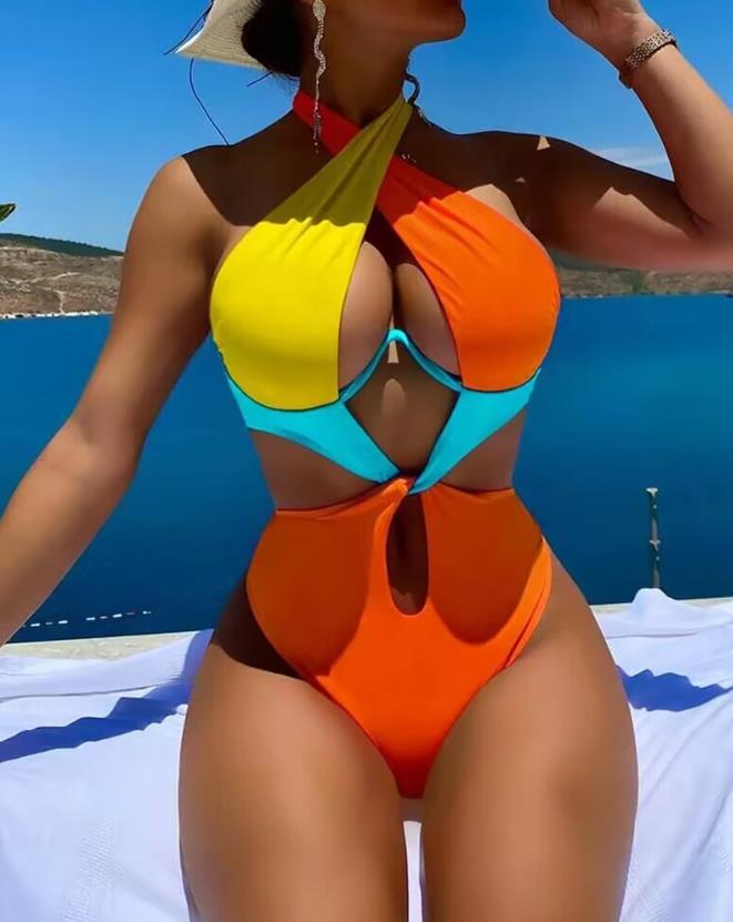 2023 Summer Chic Colorblock Cutout Backless Halter One-Piece Swimsuit - Miscellaneous Accessories