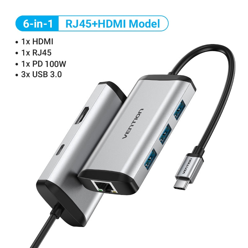 Vention USB C HUB - Type C to USB 3.0 Docking Station with USB C, HDMI, and RJ45 4K for MacBook Pro, MacBook Air, and Other Type C Devices - USB 3.1 Splitter and USB HUB Accessories - Miscellaneous Accessories