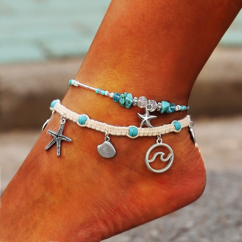 Beautiful Starfish Pendant Anklets For Women Beach Handmade Bohemian Turquoise Beaded Ankle Bracelet Girls Beach Foot Jewelry - Miscellaneous Accessories