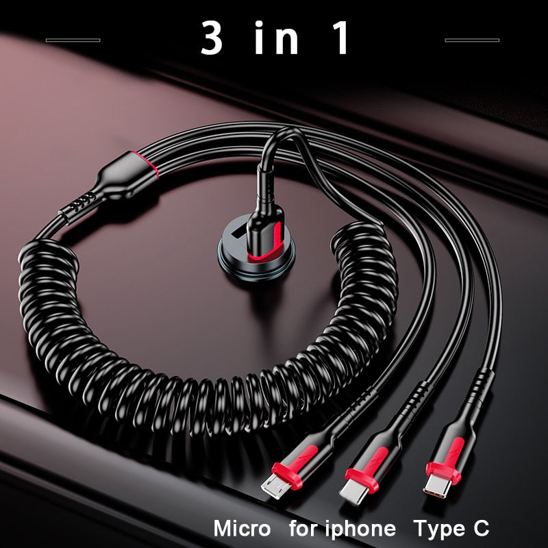 HyperCharge Pro - 5A 66W Fast Charging USB Type C Cable and 3A Micro USB Spring Car Cable for Xiaomi Redmi, Samsung, Realme, and iPhone Phone Accessories - Miscellaneous Accessories