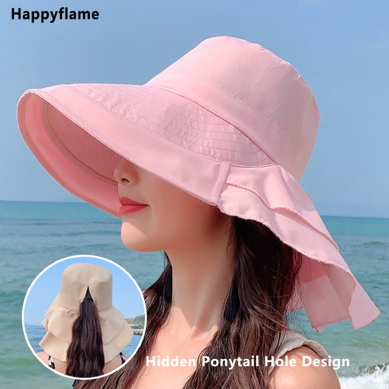 New Women Bow-knot Lightweight Hats Fashion Hidden Ponytail Hole Big Brim Hat Anti-UV Sun Hats Beach Neck Guard Fisherman Hat - Miscellaneous Accessories