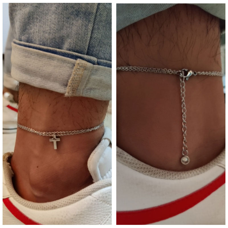 This 2023 stainless steel men's anklet features a double chain with a Cross Charm, perfect for gifting to the special man in your life. - Miscellaneous Accessories