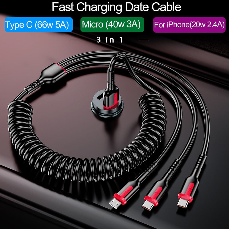 HyperCharge Pro - 5A 66W Fast Charging USB Type C Cable and 3A Micro USB Spring Car Cable for Xiaomi Redmi, Samsung, Realme, and iPhone Phone Accessories - Miscellaneous Accessories