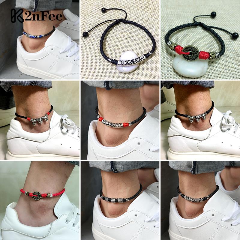 Men Adjustable Handmade Rope Anklet For Men Wax Rope Soft Leather Lucky Men Beach Foot Chain - Miscellaneous Accessories