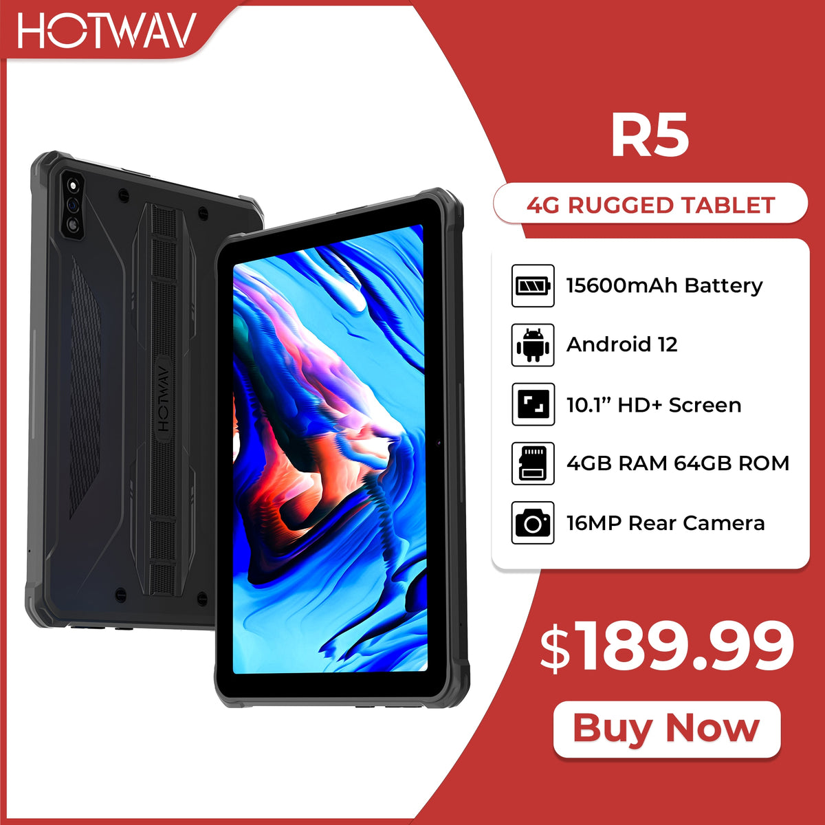 R5 Rugged Tablet HOTWAV 15600mAh Android 12 10.1 - Miscellaneous Accessories