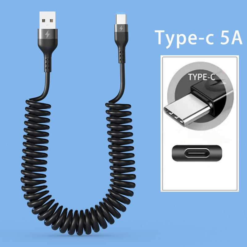 HyperCharge Pro - 5A 66W Fast Charging USB Type C Cable and 3A Micro USB Spring Car Cable for Xiaomi Redmi, Samsung, Realme, and iPhone Phone Accessories - Miscellaneous Accessories