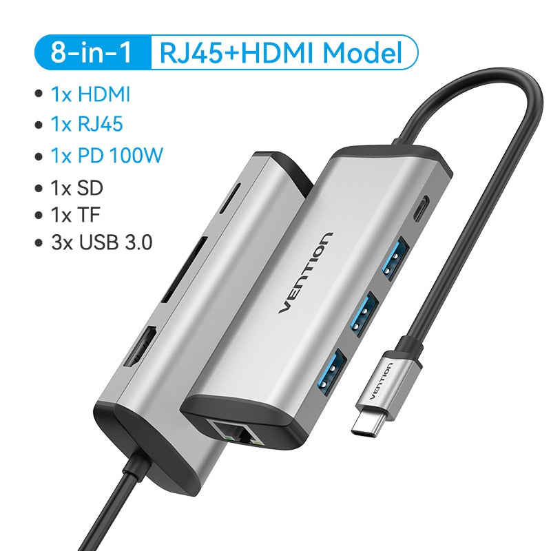 Vention USB C HUB - Type C to USB 3.0 Docking Station with USB C, HDMI, and RJ45 4K for MacBook Pro, MacBook Air, and Other Type C Devices - USB 3.1 Splitter and USB HUB Accessories - Miscellaneous Accessories