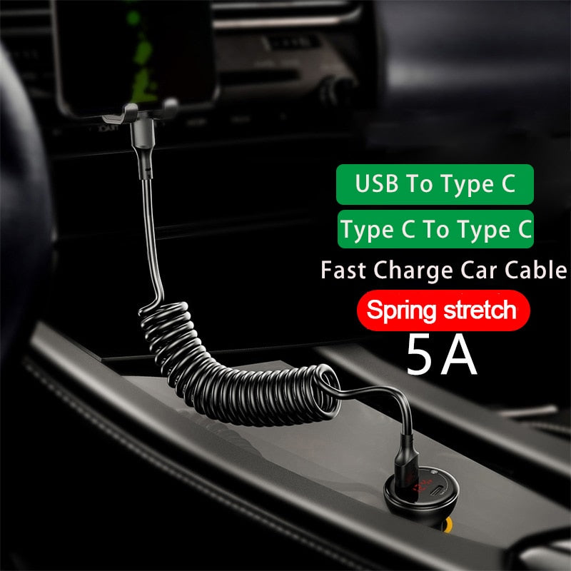 HyperCharge Pro - 5A 66W Fast Charging USB Type C Cable and 3A Micro USB Spring Car Cable for Xiaomi Redmi, Samsung, Realme, and iPhone Phone Accessories - Miscellaneous Accessories