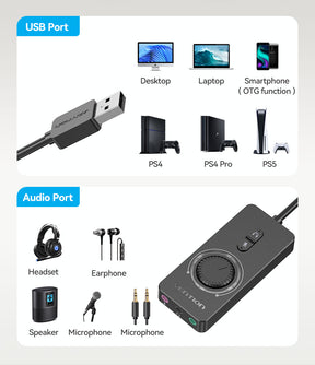 USB External Sound Card - USB to 3.5mm Audio Adapter for Earphones and Microphones, Compatible with MacBook, Computer, Laptop, PS4, and More - Miscellaneous Accessories