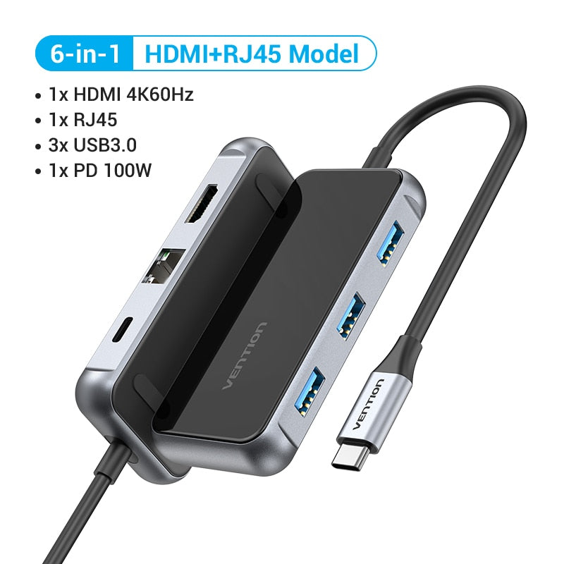 Vention USB C HUB - Type C to USB 3.0 Docking Station with USB C, HDMI, and RJ45 4K for MacBook Pro, MacBook Air, and Other Type C Devices - USB 3.1 Splitter and USB HUB Accessories - Miscellaneous Accessories